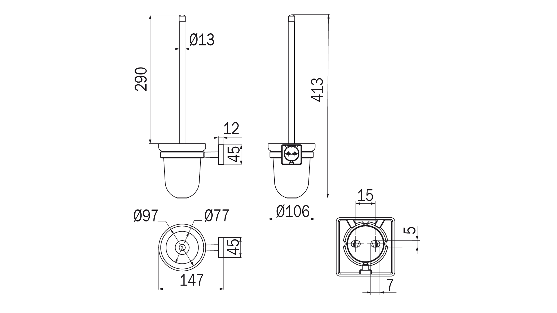 Portascopino da parete cromo - serie Forum Quadra - Inda