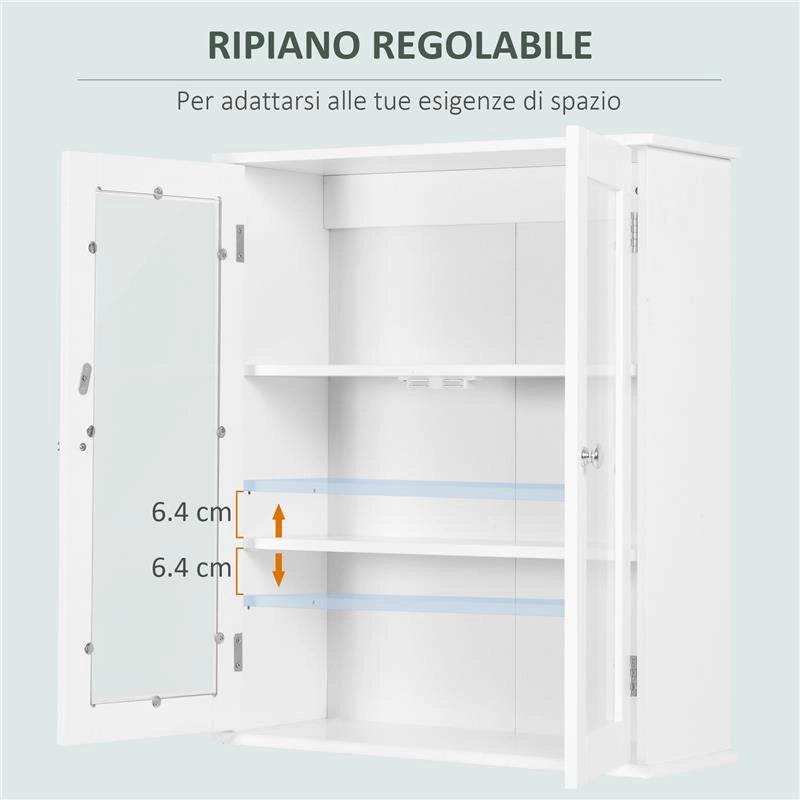 ARMADIETTO PENSILE BAGNO A 2 ANTE IN LEGNO E VETRO CON RIPIANO REGOLABILE, 55X20X65 CM, BIANCO