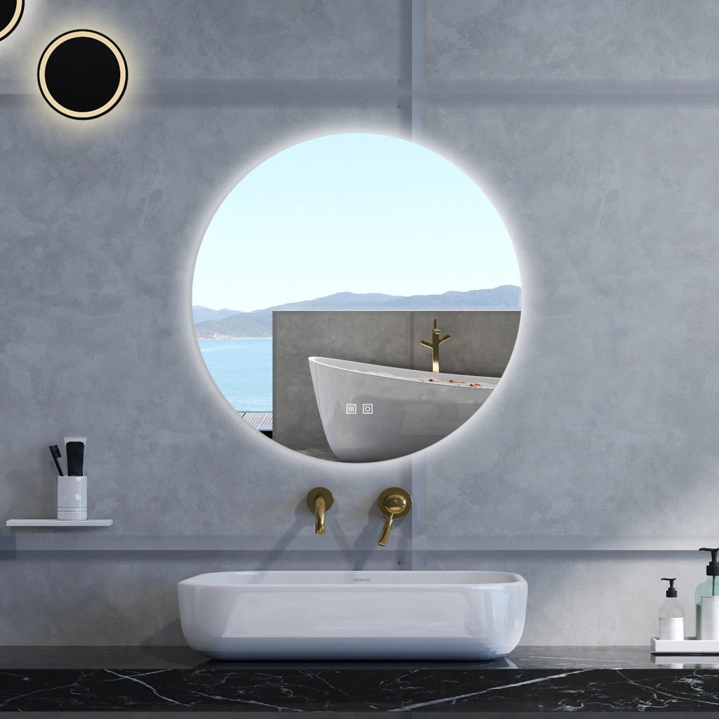 Specchio da bagno Rotondo con 90cm,3 colori,Memoria, Antifog,Regorabile,Retroilluminato,doppio interruttore,