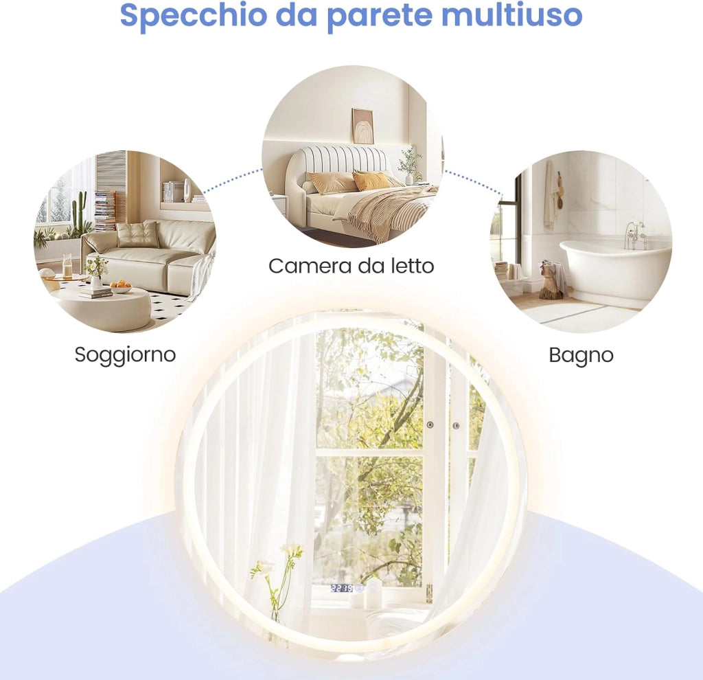 Specchio da Bagno Rotondo/Quadrato a LED, Specchio da Trucco da Parete Impermeabile con 3 Colori, 58/72 Luci, Schermo Tattile, Ideale per Bagno Soggiorno Camera da Letto (Rotondo)