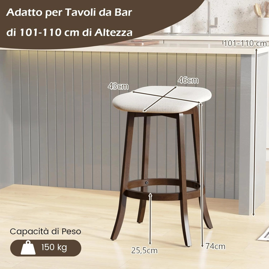 Set di 2 Sgabelli da Bar Girevoli, Sgabelli da Bar senza Schienale di 74 cm con Sedili Imbottiti e Gambe in Legno Massello, Sedie per Isola Cucina con Poggiapiedi per Sala da Pranzo