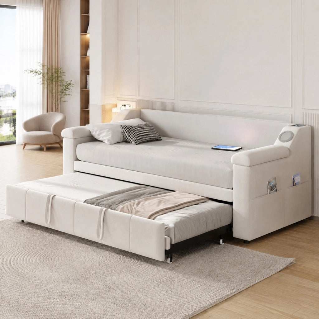 Letto imbottito multifunzione con letto estraibile 90/180x190, velluto beige, Bluetooth, USB e vani
