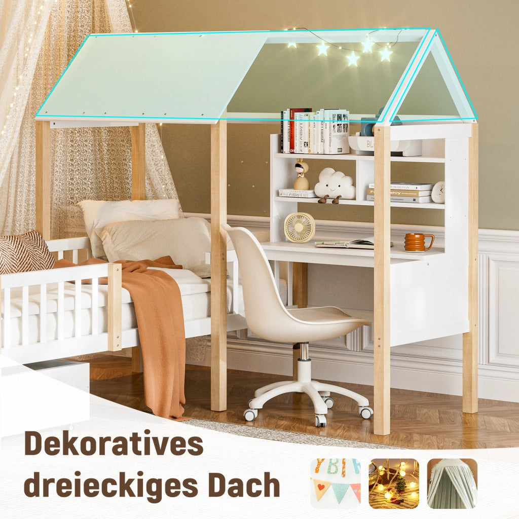 LETTO per bambini L 90x200 cm Bianco in legno massello e MDF con scrivania e libreria