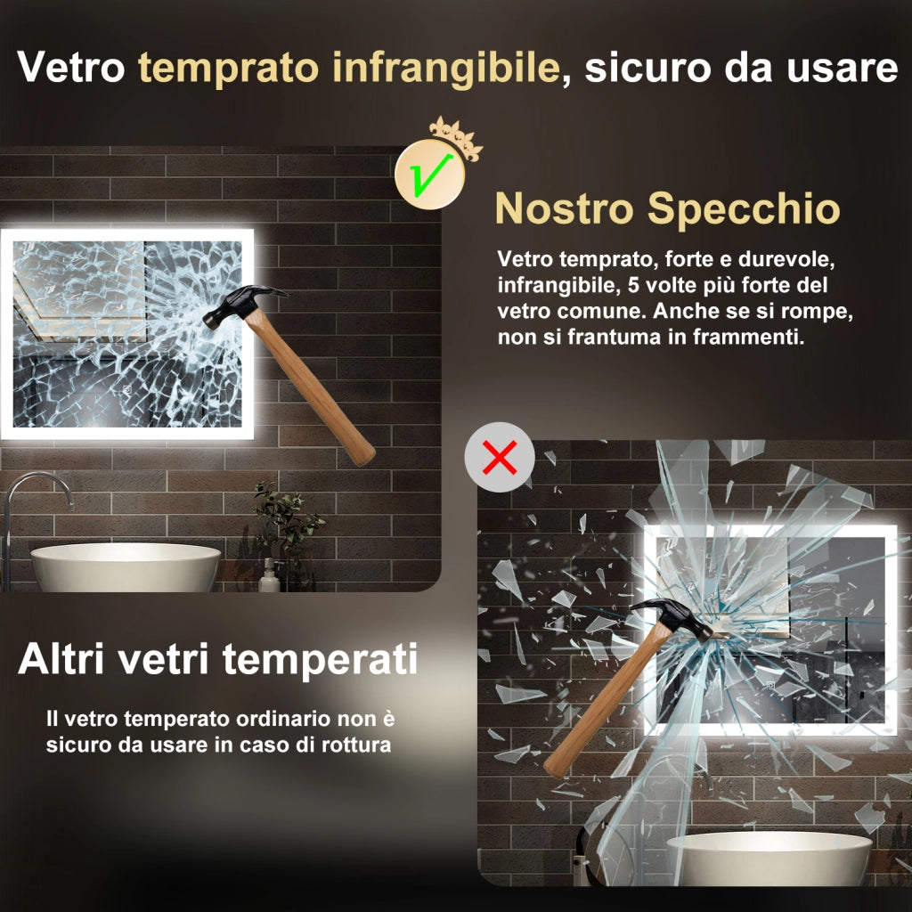 specchio rettangolare 80x60 cm con luce led, antiappannamento e touch
