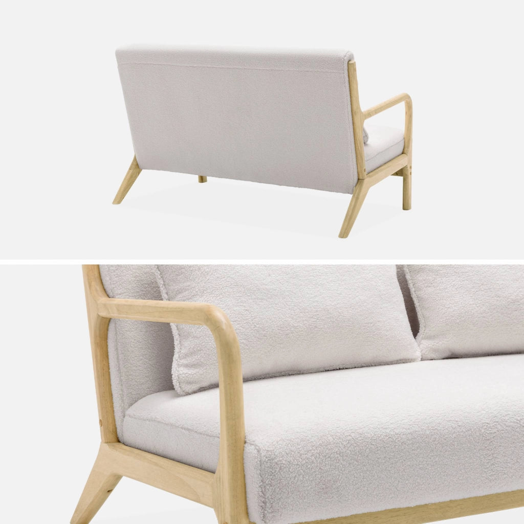 Panca stile scandinavo in legno e bouclé, 2 posti, crema
