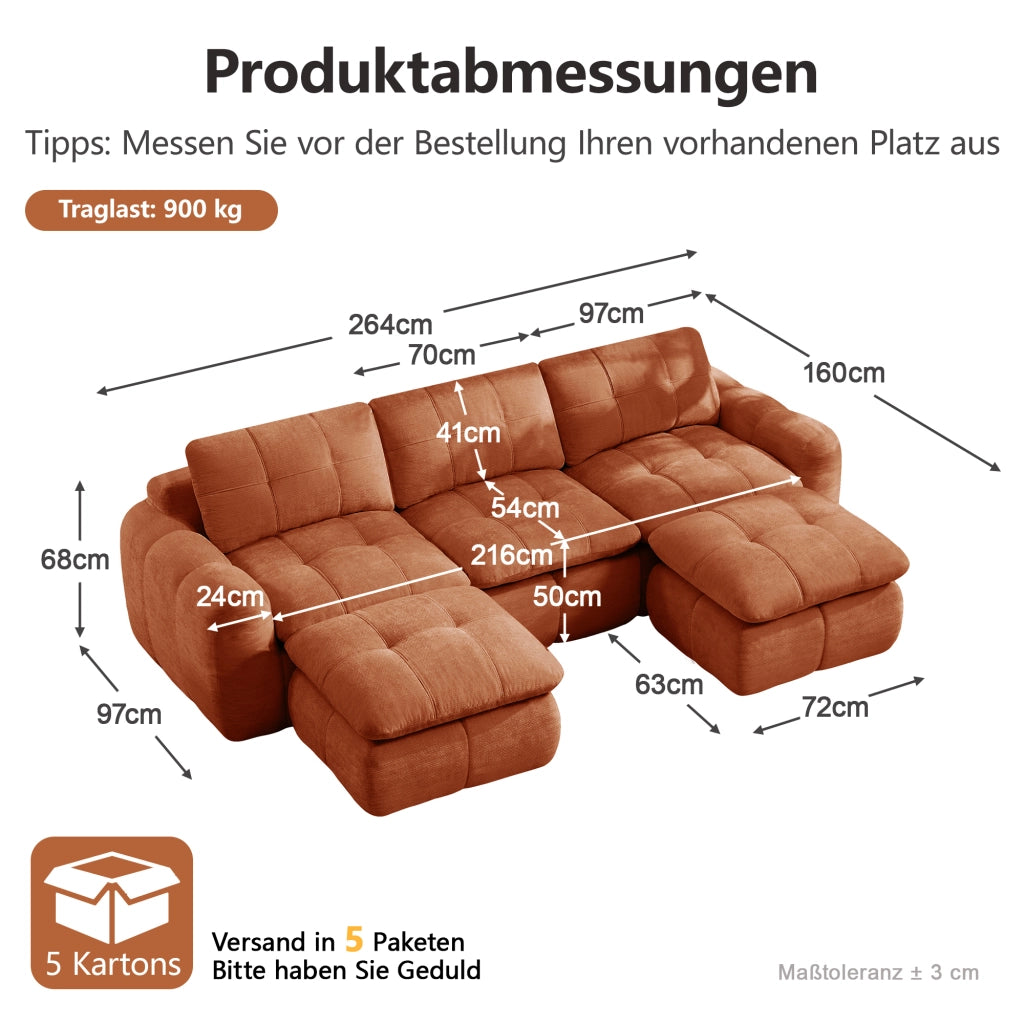 Divano modulare senza struttura con comfort ergonomico e seduta profonda in chenille arancione per soggiorno