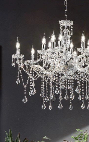 LAMPADARIO DAMASCO 16 LUCI CRISTALLO  E CROMO ATTACCO E14 D.95CM