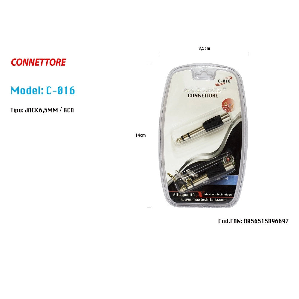 Trade Shop - Connettore Jack 6.5mm Maschio Spina A Rca Femmina Audio Adattatore Maxtech C-016 -