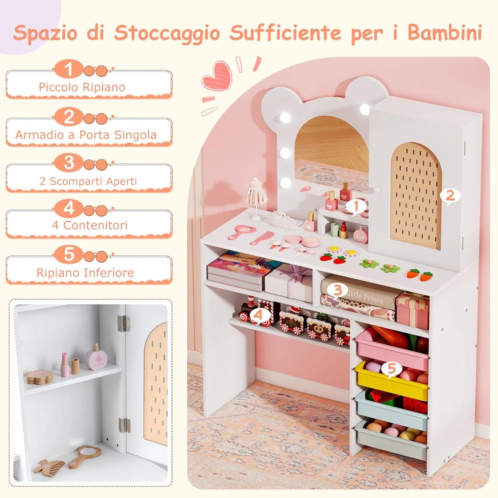 Toeletta per Bambine 3+ Anni, Set Tavolo e Sedia con Luci da Principessa con 5 Cassetti e 2 Scomparti, Armadietto con Porta e Scaffale Aperto, Ideale per Cameretta Bambina (Bianco)