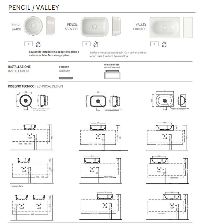 Lavabo appoggio bianco 55 Pencil - Hatria