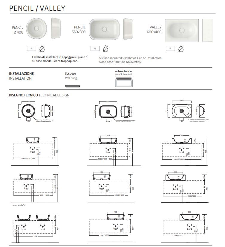 Lavabo appoggio bianco 55 Pencil - Hatria