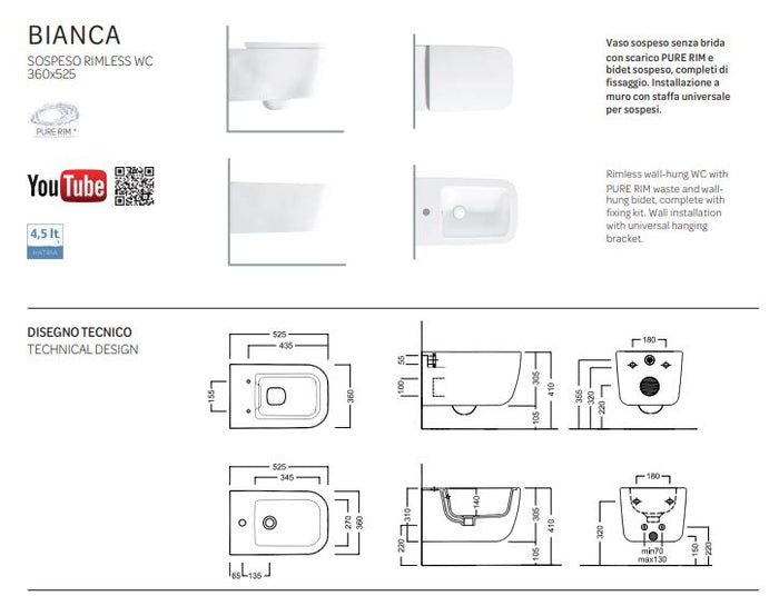 Vaso sospeso bianco rimless Bianca - Hatria