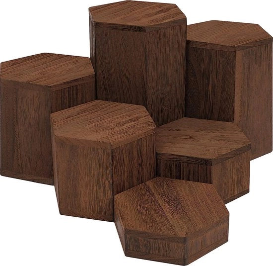 Display riser in legno a forma di esagono (6 pezzi) – Stabbi in legno per piatti e vetrine – Gradini in scala per gioielli, vendita, miniature, cupcake e dessert - Miele
