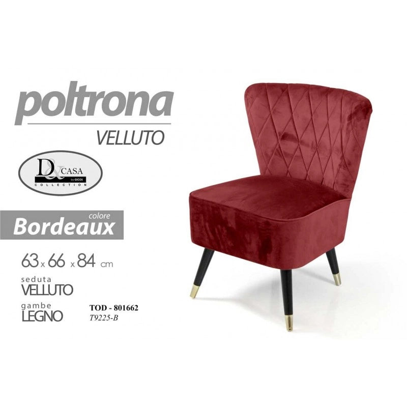 Poltrona da camera in velluto bordeaux cm 63 x 66 x 84 h