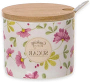 Vaso da zucchero - Vaso da zucchero rotondo originale con coperchio in legno e cucchiaio per dosare - contenitore da zucchero in ceramica - facile pulizia - design funzionale - cucina - casa - 8 cm