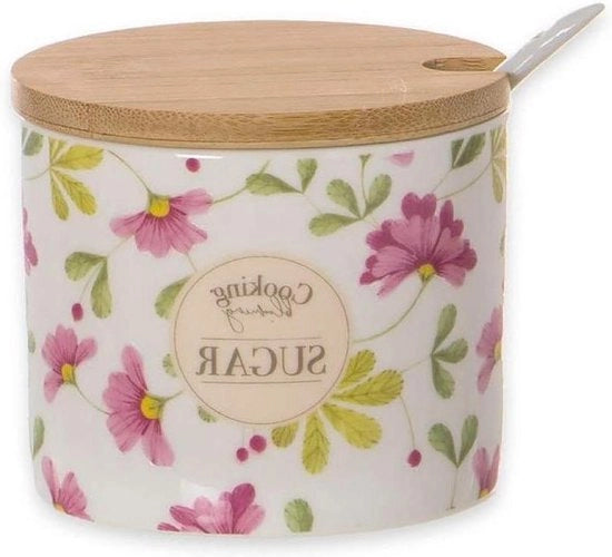 Vaso da zucchero - Vaso da zucchero rotondo originale con coperchio in legno e cucchiaio per dosare - contenitore da zucchero in ceramica - facile pulizia - design funzionale - cucina - casa - 8 cm
