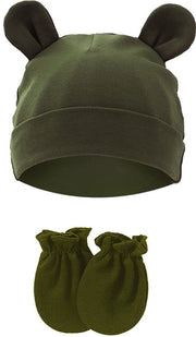 Set di copricapo e guantini per neonati, orecchini di cotone con funzione antiscuottimento, idonei per bambini da 0 a 1 anno, diametro massimo 15,5 cm, verde militare