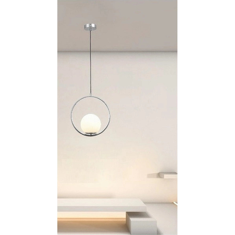 Trade Shop - Lampadario A Sospensione Cerchio Metallo Sfera Vetro Bianco Attacco E27 Argento 33467 -