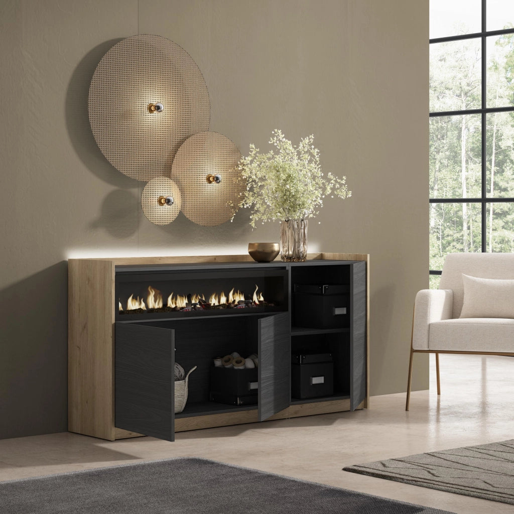 Credenza, Mobile, Cucina, 156x80x37 cm, 3 Porte, Camino elettrico, LED, Nero e rovere