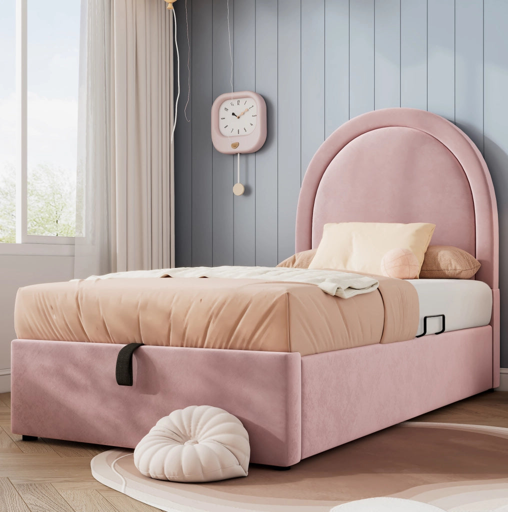 Letto imbottito 90x200 cm in velluto rosa con contenitore; rete a doghe e materasso