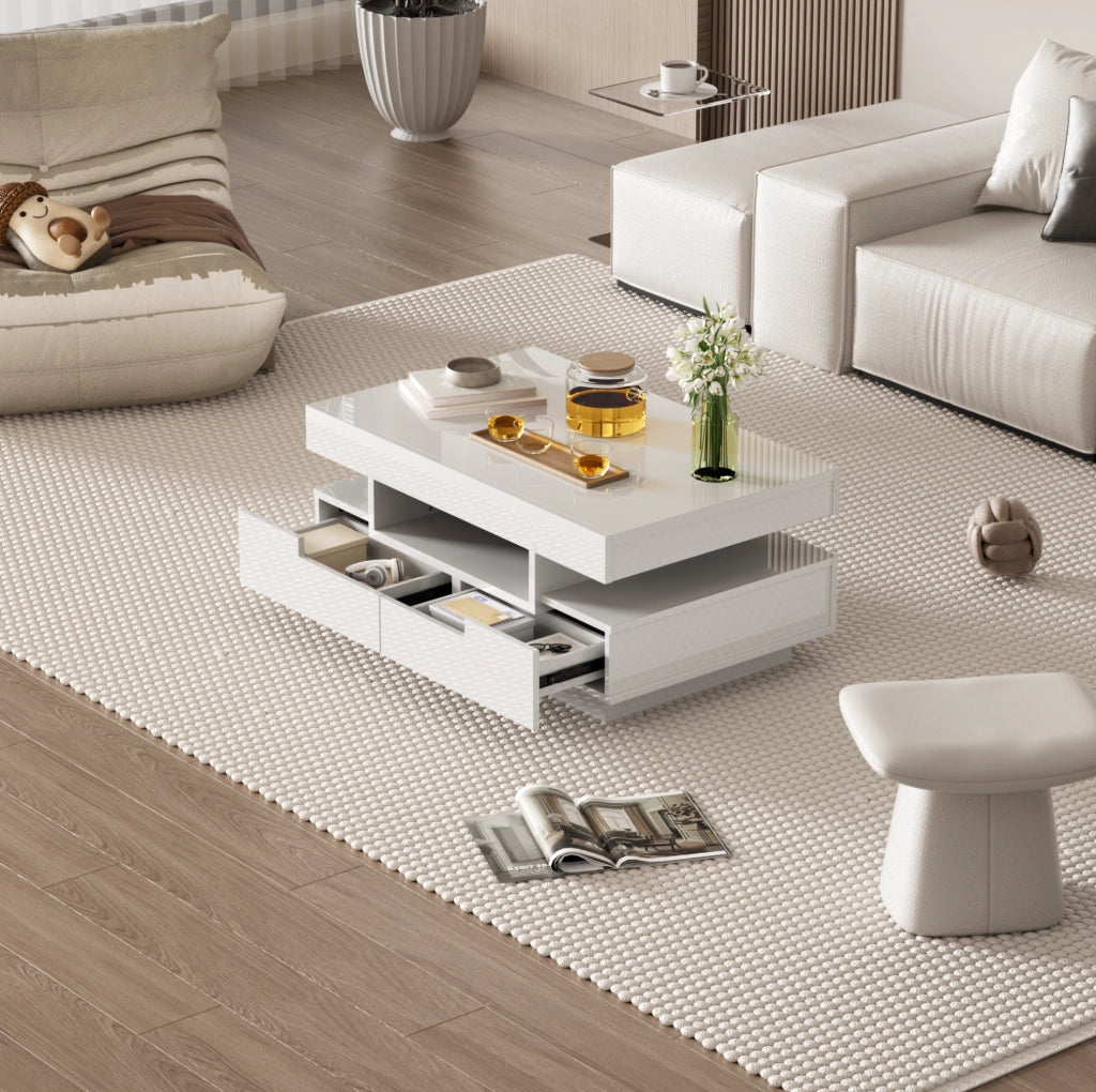 Tavolino da caffè moderno 80x50x36 cm bianco lucido con LED e 4 cassetti
