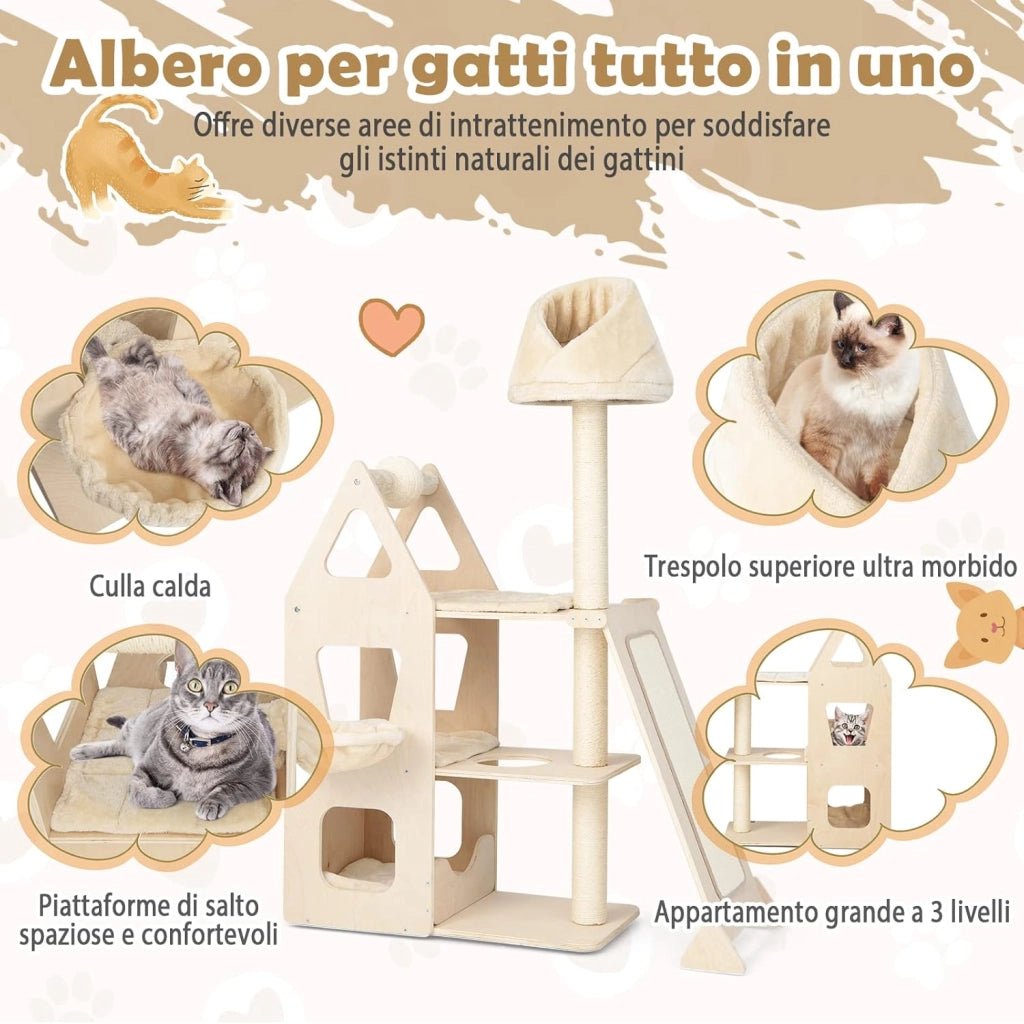 Tiragraffi per Gatti in Legno, Tiragraffi per Gatti con Cuccia, Piattaforma, 3 Cuscini Rimovibili e Lavabili e Tiragraffi, Albero Tiragraffi per Gatti Medi e Grandi, 111 x 42 x 155 cm