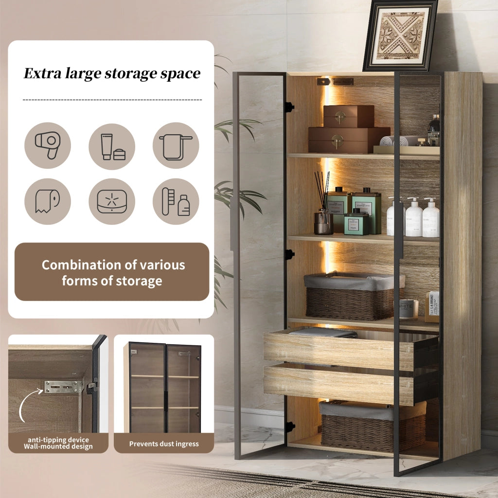 Armadietto da bagno con LED e 2 cassetti, ante in vetro satinato, ripiani aperti, per bagno e camera, naturale, 74 × 36 × 155 cm