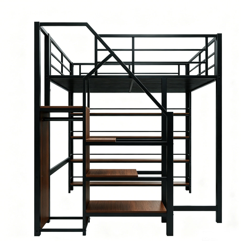 Letto a soppalco ULEVR 140x200 cm con scala contenitore, guardaroba e ripiani, metallo e MDF nero