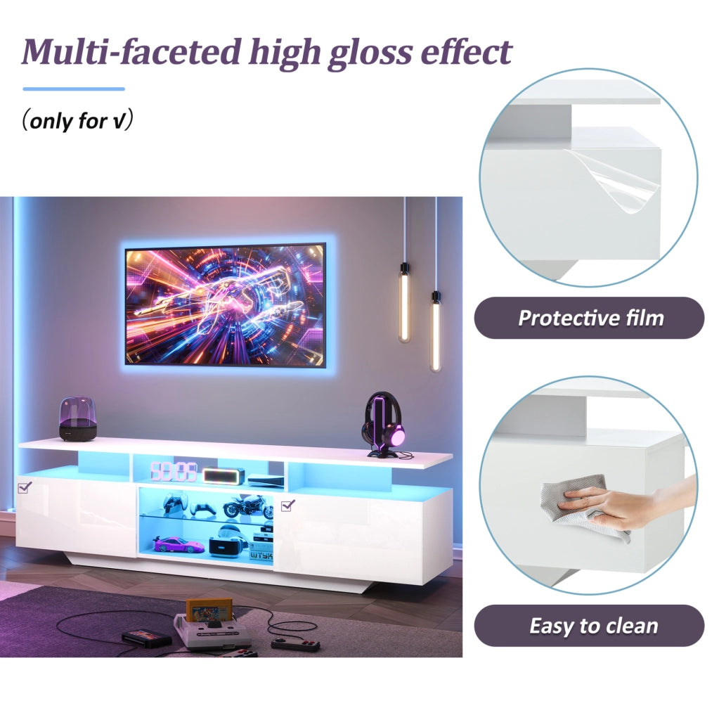 Mobile TV 160x40x45 cm con 2 armadietti; LED da app; vetro temperato; MDF; bianco