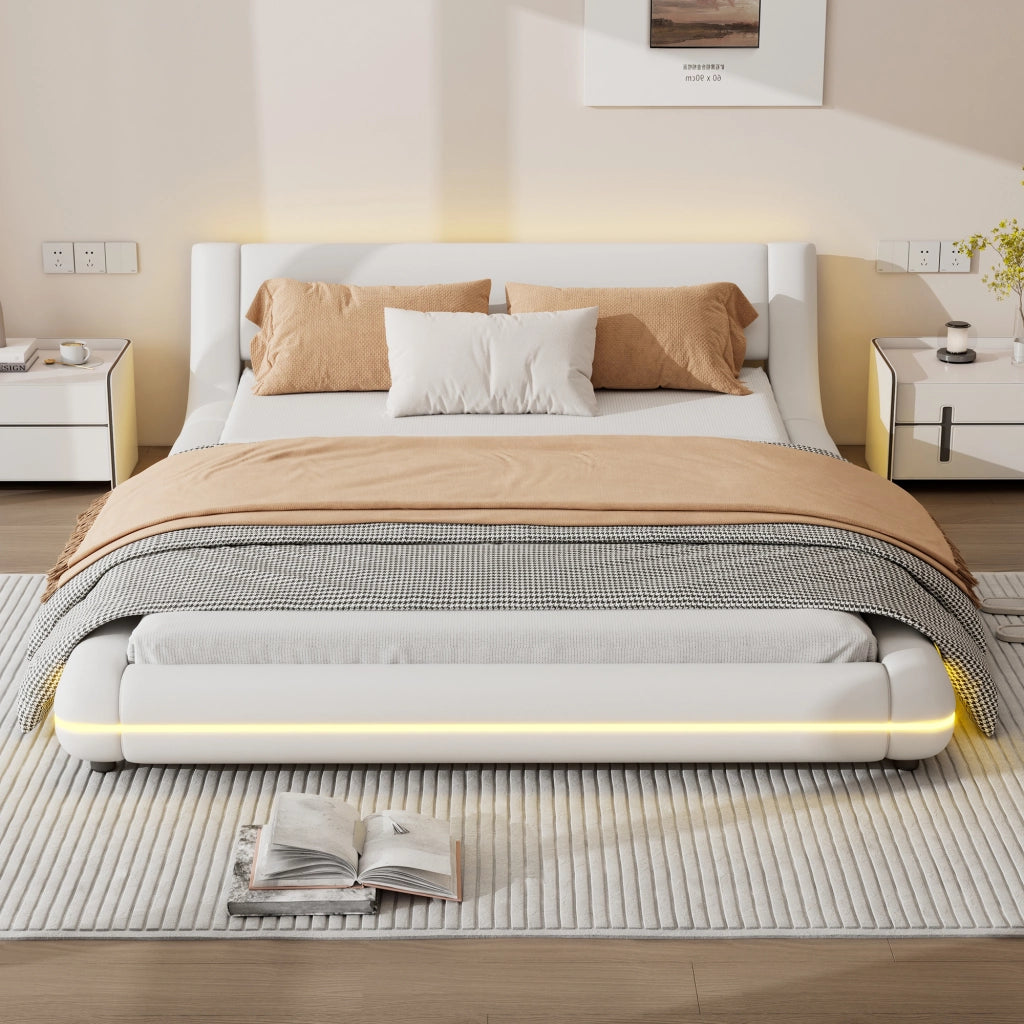 Letto a pavimento 140x200 cm con LED; in PU e MDF bianco