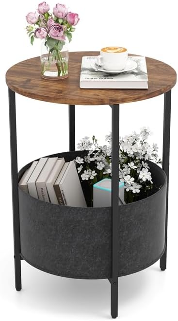 Tavolino Rotondo per Piccoli Spazi, Tavolino a 2 Ripiani con Cestino in Tessuto Rimovibile e Struttura in Metallo, Tavolino da Salotto, Camera da Letto e Studio (Marrone)