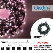 Trade Shop - Catena Luminosa 180 Luci Led Lucciole Luce Bianca + Rosa Cavo Verde Ip44 Xc-4092 -