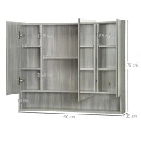 kleankin Armadietto con Specchio a 4 Sezioni con Ripiani Regolabili, in Legno e Vetro, 90x15x75 cm, Grigio