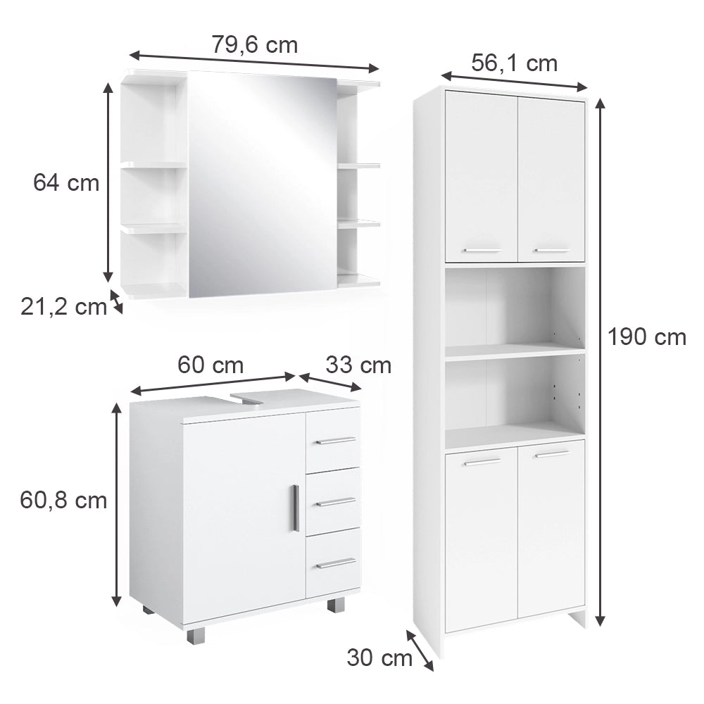Vicco Set di mobili da bagno Bianco 3 pezzi, con mobile alto, mobile a specchio per il bagno e mobiletto per lavabo