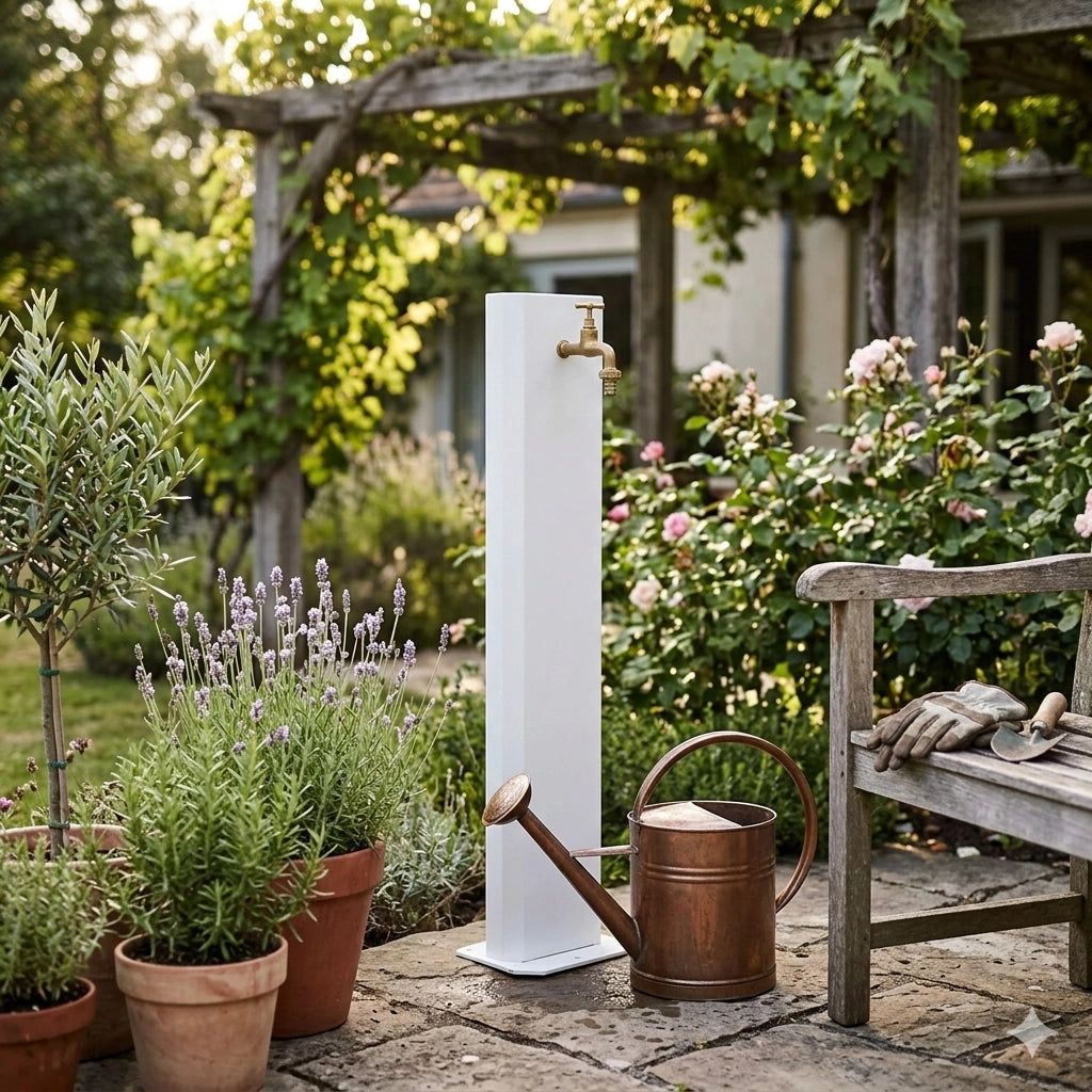 Fontanella da Giardino con Rubinetto in Ottone 20x10x100 cm in Acciaio Bianco