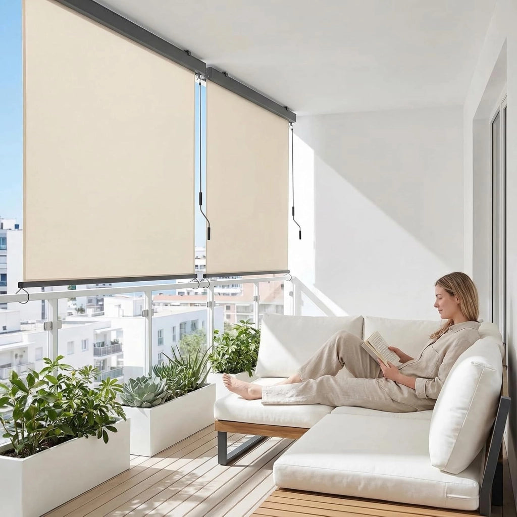 Tenda da sole verticale 180x250 cm, tenda verticale con manovella per interni ed esterni, con scatola per tende, protezione solare, protezione dal vento e privacy, per balcone, terrazza e