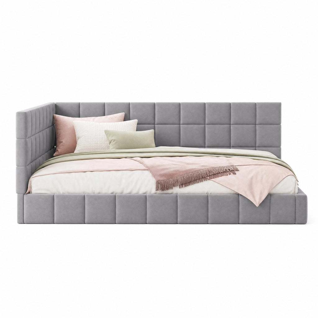 Letto da giorno imbottito 140x200 cm in tessuto con rete a doghe, design Mid-Century, grigio