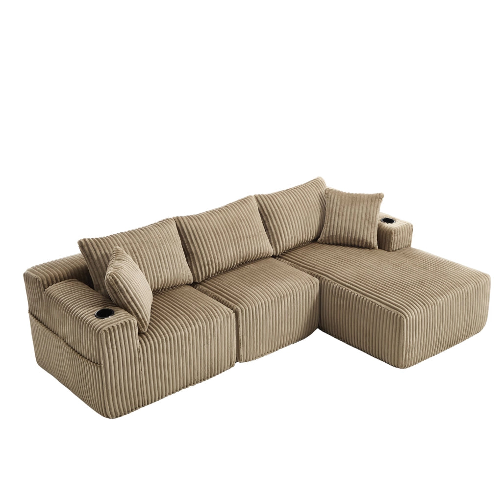 Divano modulare 257x90-160x62 cm con chaise longue; 5 cuscini e portabicchieri in corduroy khaki