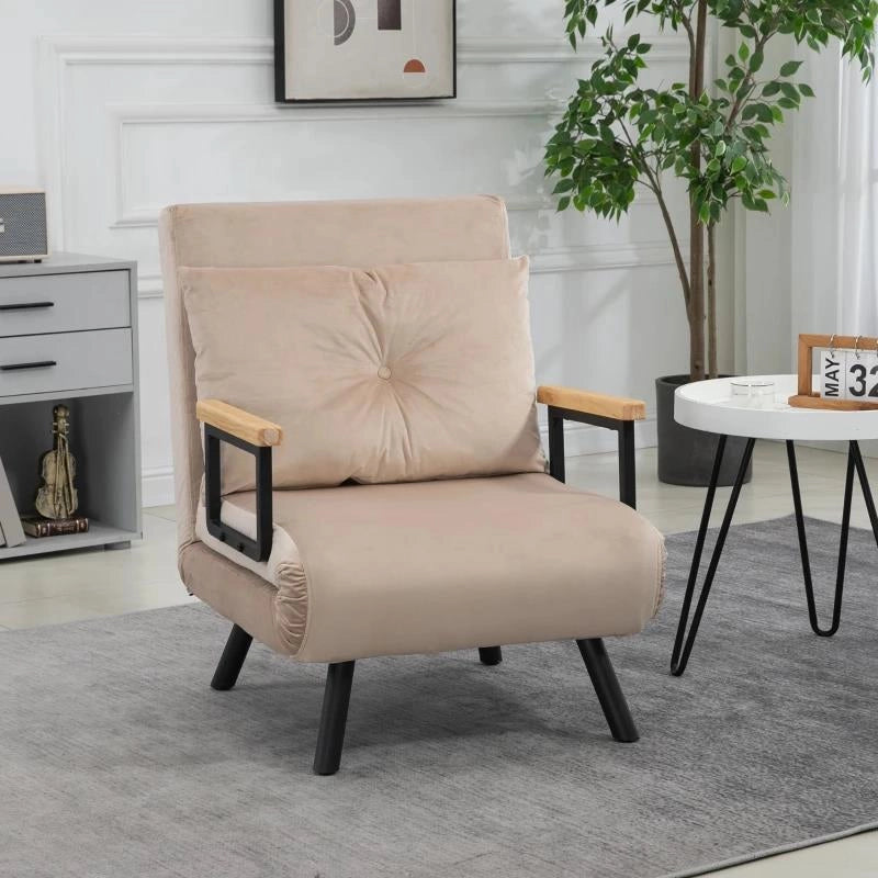 POLTRONA LETTO 3 IN 1 CON SCHIENALE RECLINABILE E CUSCINO, IN TESSUTO EFFETTO VELLUTO, 63X73X81 CM, BEIGE