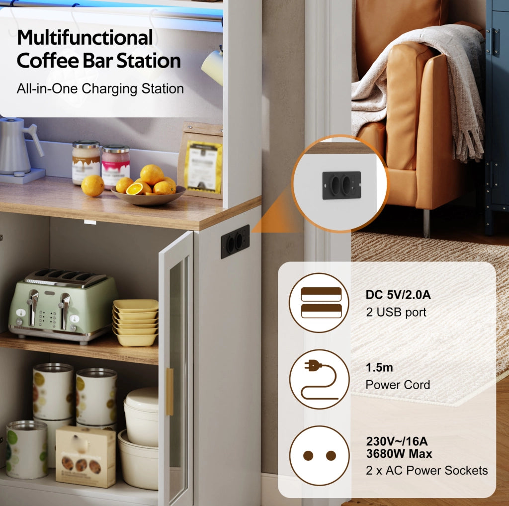 Credenza alta da cucina 178 cm con LED; prese USB; ante in vetro temperato; bianco naturale
