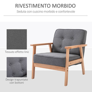 Poltrona Stile Nordico Retrò in Legno con Rivestimento in Lino  Grigio Chiaro
