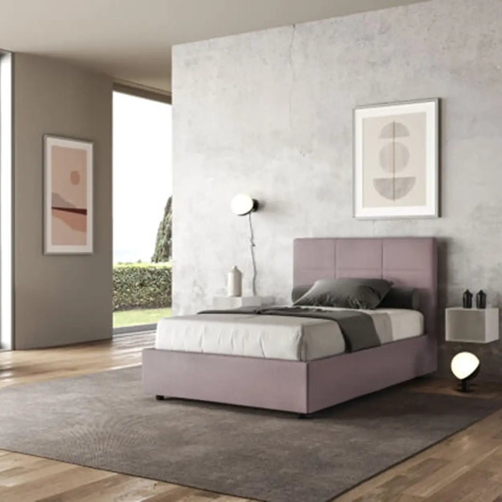 Letto una piazza e mezza contenitore imbottito 120x200 microfibra glicine Mika