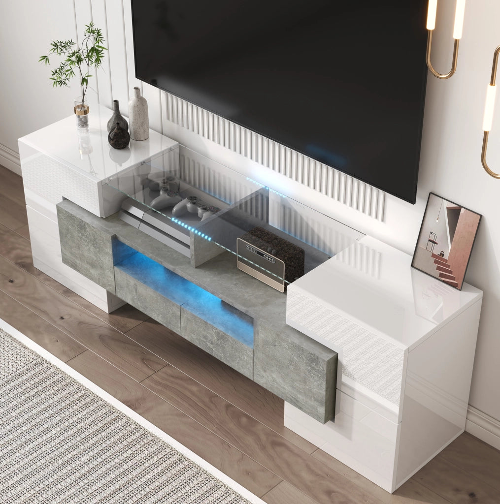 Mobile TV 145x30x51 cm con LED multicolore; 6 ante e 2 cassetti; bianco