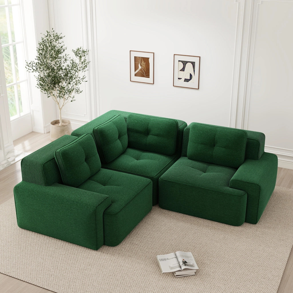 Divano angolare modulare 206x206x69 cm in corduroy verde con base antiscivolo