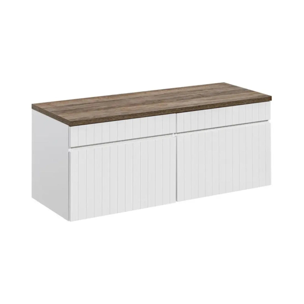 Insieme ICON bianco: mobili sotto lavabo 120cm + piano per lavabo effetto legno scuro