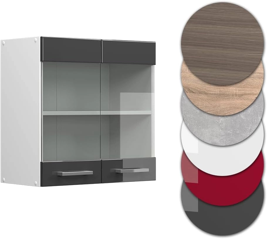 Mobile da cucina in vetro R-Line, Antracite lucido, 60 cm, per la libera combinazione all'interno di sistemi cucina modulari