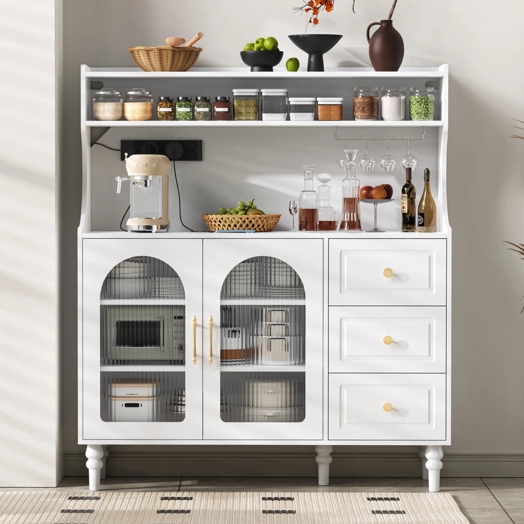 Mobile Bar con 3 Cassetti; Ripiani Regolabili; Portabicchieri e Presa USB Tipo C per Cucina 120x40x138.5 cm
