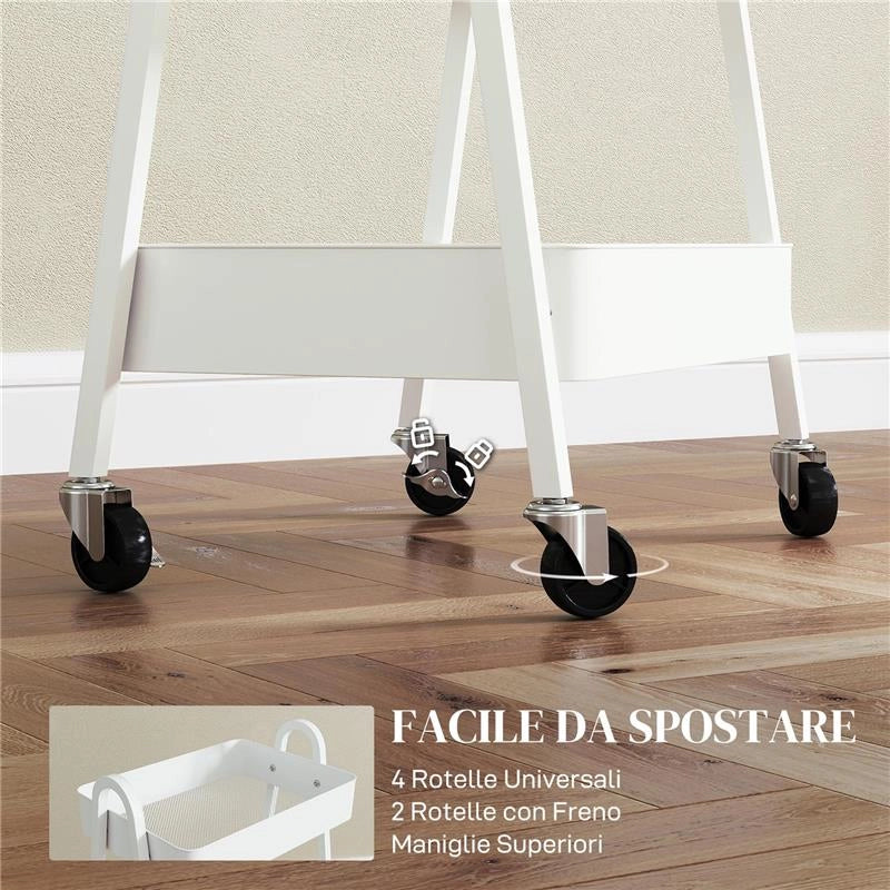 CARRELLO CUCINA MULTIUSO A 3 LIVELLI RUOTE GIREVOLI CON FRENO E MANIGLIE BIANCO 42.4X29.8X74.5 CM