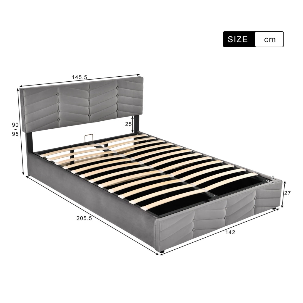 Letto imbottito matrimoniale 140x200 in velluto grigio con contenitore e testiera regolabile