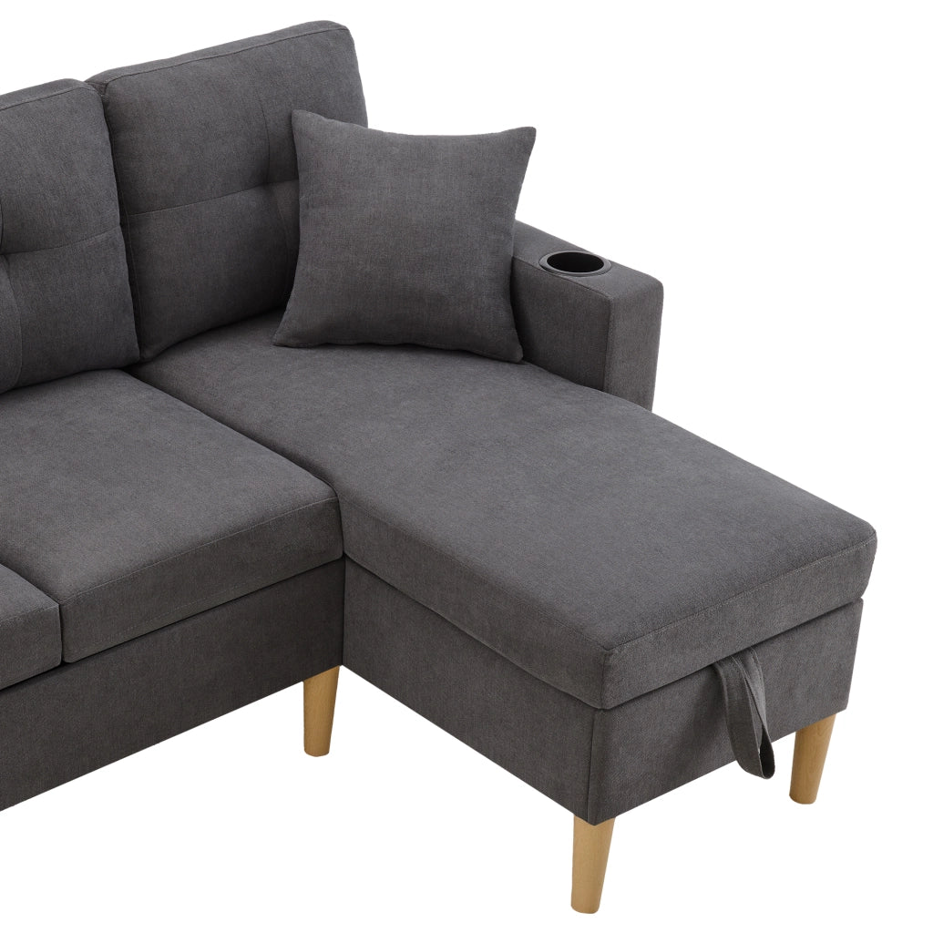 Divano Chaise Longue a 3 Posti con Contenitore e Portabicchieri; Reversibile; in Cotone e Lino; Grigio Scuro